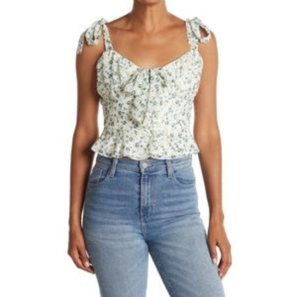 WAYF Floral Ruched Bodice Tie Strap Crop Top In Yellow Ditzy Floral size medium